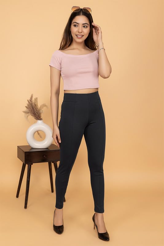 Image of Mlada Slim Fit Jeggings with Elastic Waist Band for Women Office Work Formal Wear Trousers Stretch Cotton Knit High Waist Skinny Fit Jeggings Lycra Pants Travel Comfort Jeggings