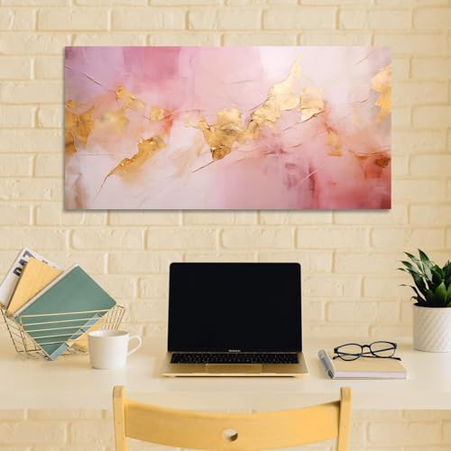 Tableau marbre rose et doré abstrait, image moderne décoration salon grand format 70x140