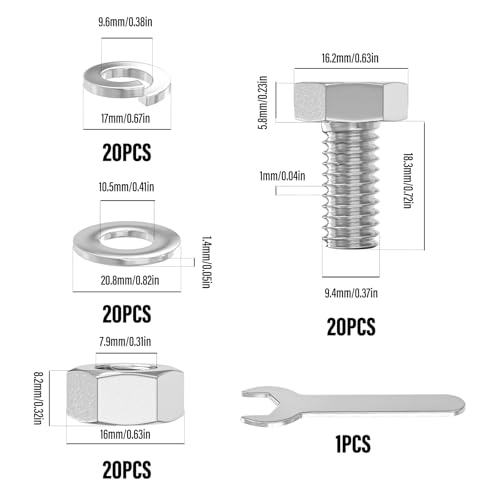 Image of 20PCS 3 /8-16 x 3 /4 inch 304 Stainless Steel Fully Threaded Bolt with Nut Flat & Lock Washers and Spanner