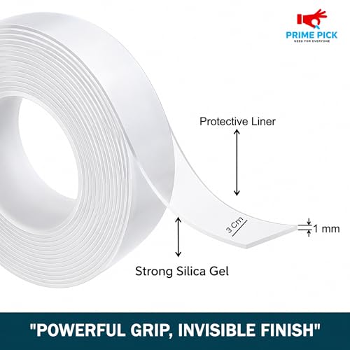 Image of PRIME PICK Double Sided Nano Tape, Transparent, 3m x 1mm, 3cm Thick, Strong Silica Gel, Residue Free, for Wall Mounting, Home, Office & DIY Use (3m x 1mm Transparent)