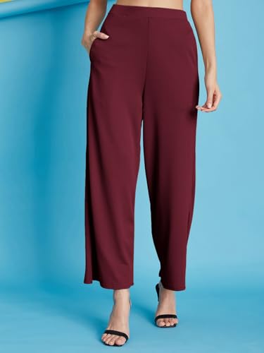 Image of Selvia Women's Solid Ribbed Lycra Elastic Regular Fit Wide-Leg Trouser