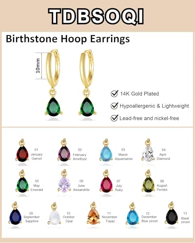 14K Gold Plated Birthstone Hoop Earrings for Women Hypoallergenic Dainty Small Diamond Emerald Green Blue Cubic Zirconia Drop Huggie Earrings for Mom Women Jewelry Birthday Gifts4