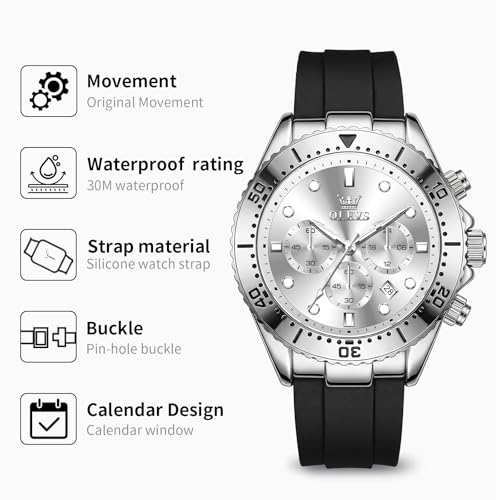 Image of OLEVS Men's Watches Sport Chronograph Analog Quartz Watch for Men with Date Waterproof Dress Casual Fashion Watch Soft Silicone Rubber Strap Band, Unidirectional Bezel & 42mm Big Face