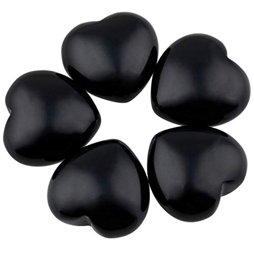 Nupuyai 5pcs Obsidian Crystal Heart Love Palm Worry Stone for Chakra Reiki Healing Carved Stone for Home Decoration 2.5cm