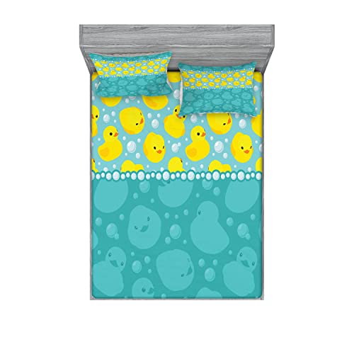 Ambesonne Rubber Duck Fitted Sheet & Pillow Sham Set, Cartoon Style Duckies Swimming in Water Pattern Fun Bubbles Aqua Colors, Decorative Printed 6 Piece Bedding Decor, Calking, Dark Seafoam Yellow