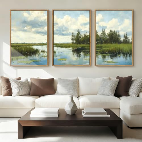 BINCUE Framed Green Nature Wall Art Lake Scenery Wall Decor
