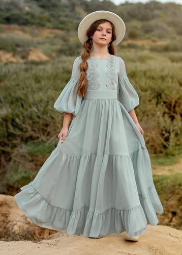 JISISANG Girls Boho 3/4 Sleeve Lace Flower Crew Neck Tiered Ruffle Swing Summer Beach Party Maxi Dress with Pockets3