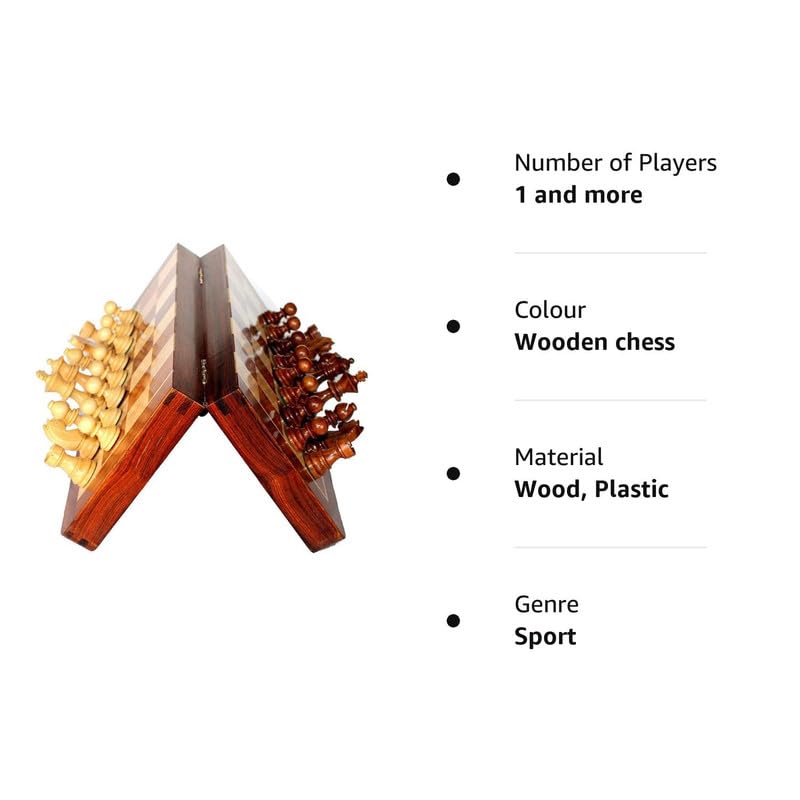 Image of Wooden Magnetic Chess Board Handcrafted Foldable Chess Set with Magnetic Pieces and Extra Queens for 2 Players Kids and Adults (12x12 Inches, Brown)