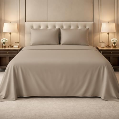 Image of 100% Cotton Premium Single Size Bedsheet with 2 Pillow Covers | Ultra-Soft, Breathable, Hotel-Quality Fabric | Elegant Collection for Bedroom Decor (Taupe Solid)