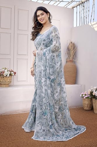 Image of MIRCHI FASHION Saree for Woman Georgette Floral and Leaf Printed | Elegant Farewell and Ceremonial Women's Sari with Blouse Piece
