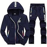 [アスペルシオ] 長袖 スエット パーカー 2点セット フード付き メンズ パーカ ロングパンツ スウェット 上下セット スポーツ トレーニング ジャージ上下 長そで パンツ 2点 セット トレーニングウェア オーバーサイズ セットアップ トレーナー フード 裏起毛 ジャージ ジム 下 フィットネス ストリート ストリート系 9部丈 シャカシャカ ランニング ジャケット ズボン (2XL) 紺色