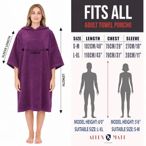 Image of ALLEN & MATE 100% Cotton Hooded Surf Poncho Changing Robe - Quick Absorbent Changing Towel with Pocket for Surfing Men Women
