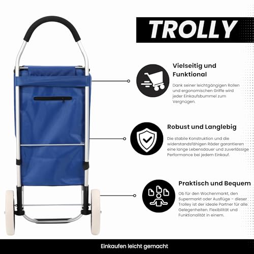 43.5Liter Aluminium Trolley Einkaufstrolley Klappbar, Shopping Trolley, Wasserabweisender Einkaufswagen Faltbar, Einkaufstasche mit 2 Rädern, Einkaufskorb mit Rollen, Groß - Blau – Bild 8