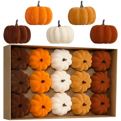 RoseCraft Artificial Flocked Pumpkins, 15PCS Coffee Gold Beige Orange Brown Velvet Foam Faux Pumpkins Decorations, for Fall Harvest Halloween Thanksgiving Table Centerpiece Decor.