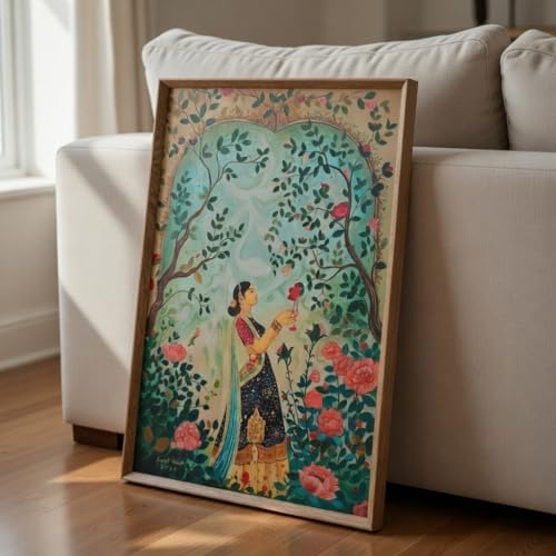 Image of Livin'luxe Vintage Garden Lady Wall Art with Wooden Frame | Floral Nature HD UV Laminated Print on MDF | Elegant Indian Woman Painting for Living Room Bedroom Decor