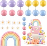 ZWLIYCHN Rainbow Cake Topper 26Pcs Macaroon Balls Cake Decorations with Flower Groovy Cake Toppers Daisy Themed Cake Decorations Colorful Ball Cupcake Cake Decor for Girl Bohemian Hippie Wedding Party