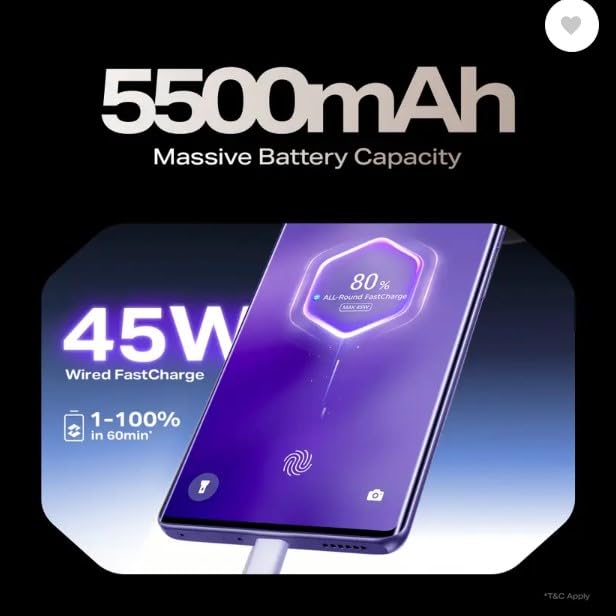 Infinix Note 50s 5G+ 45 Вт тез кубаттагычка туташып, батареянын сүрөтчөсү көрсөтүлүүдө