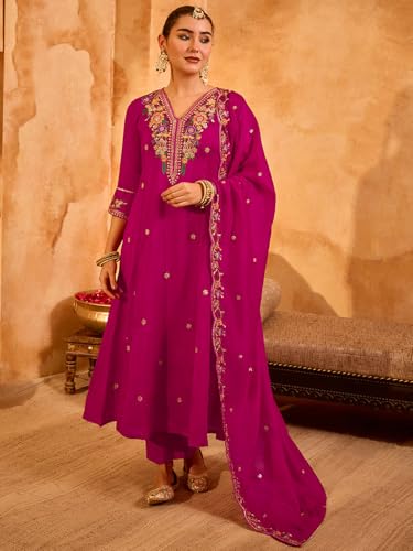 Image of Naixa Women's Vichitra Silk Embroidered Flared Kurta with Pant and Dupatta Sets (NX5-695)