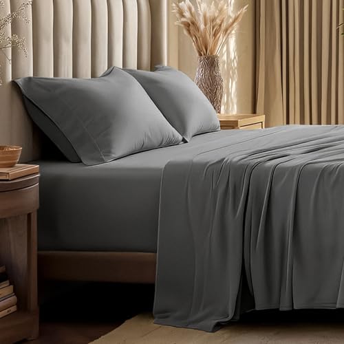 Bare Home 100% Organic Cotton Jersey Sheet Set, Ultra Soft, 100% Cotton - Sheet Set & Pillowcases - Deep Pocket Bed Sheets (Queen, Grey)