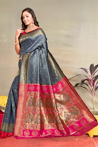 Image of C J Enterprise Women's Pure Kanjivaram Silk Saree Paithani Soft Wedding Sarees With Blouse Piece (Chand paithani)