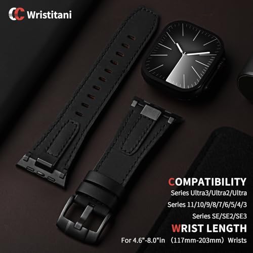 Image of Wristitani Leather Bands Compatible with Apple Watch Band 49mm 46mm 45mm 44mm for Men, Metal Connector & Genuine Leather Straps for iWatch Ultra3 /2 /1 SE3 /2 /1 Series 11 10 9 8 7 6 5 4 [NO Watch and Case]