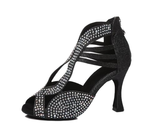 Sandales de danse latine pour femme à bout ouvert avec fermeture éclair et strass