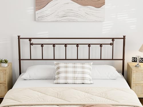 IKIFLY Metal Queen Size Headboard Only, Adjustable Height, Sturdy Steel Headboard for Queen Size Bed, Farmhouse Victorian Style, Attach Frame,Easy Assembly, Brown