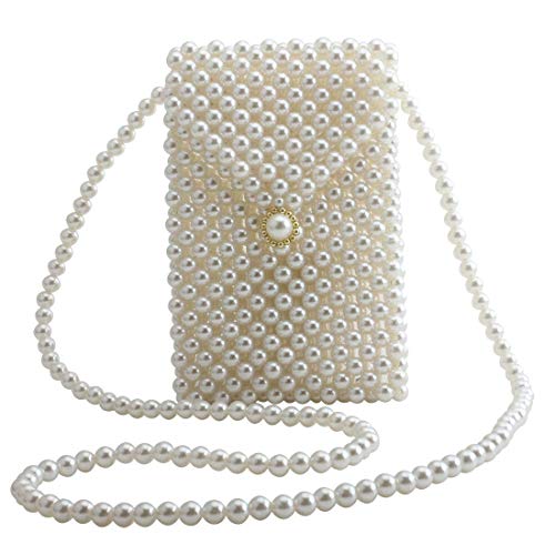 LETODE Women's Vintage Style Pearl Shoulder Bags Handmade Weave Pearl Crossbody Bags phone Purse Transparent Bags