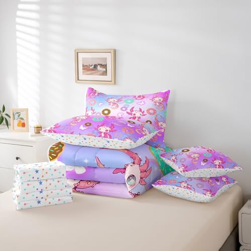 Image of Feelyou Kids Cute Axolotl 7 Pieces Bedding Set Queen Size, Dreamy Princess Bed in A Bag Kawaii Ocean Sealife Comforter Set with Sheets Boys Girls Butterfly Teens Bed Set Bedroom Decor 7Pcs