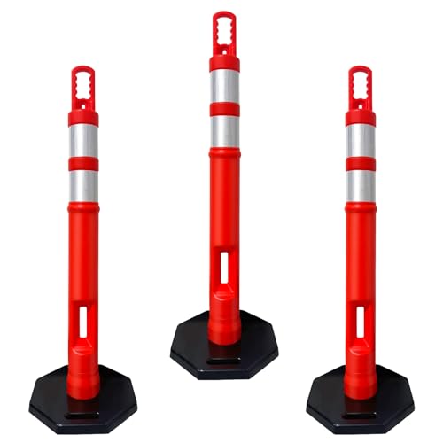 (Pack of 3 Sets) CJ Safety 45" inch Orange Delineator Post Cone with 10 lbs. Rubber Base Heavy Duty, 2 Reflective Bands for Driveway, Parking Cones (Set of 3 (Post & Base))