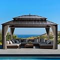 SUNJOY Kingston 16' x 12' Hardtop Gazebo with Galvanized Steel Double Roof, Curtain and Netting, Brown Aluminum Posts Permanent Pavilion Gazebo for Garden, Patio, Deck, Lawn