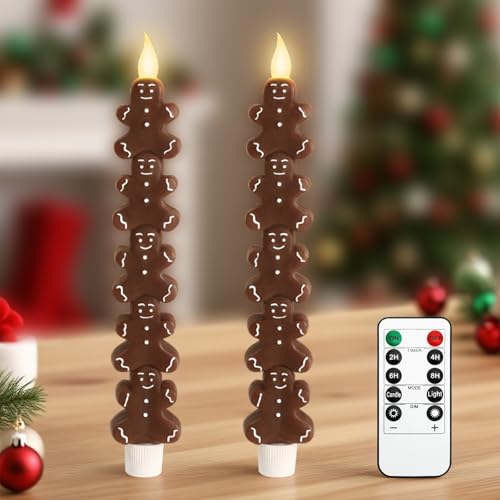 Image of Crystal Club Christmas Flameless Taper Candles with Remote, Carving Gingerbread Men Battery Operated Flickering LED Candlesticks for Holiday Party Decor, Table Centerpiece, Set of 2