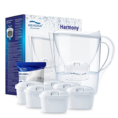 Aqualogis Wasserfilter hellgrau inkl. Filterkartusche – Filter in modernem Design zur Reduzierung von Kalk, Chlor & geschmacksstörenden Stoffen (White + 6 Pure+)