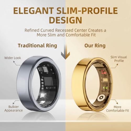 Image of Smart Ring for Women & Men, Slim Fitness & Health Tracker, IP68 (Gold, #9) | 24 /7 health tracking, Sports Tracking, Skin temperature, Sleep, Heart rate, SpO₂, HRV, IP68 Waterproof & No Subscription