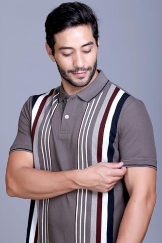 Image of SANE ORIGINALS Textured Polo T-Shirt for Men in Vertical Stripes || Old Money Polos for Men