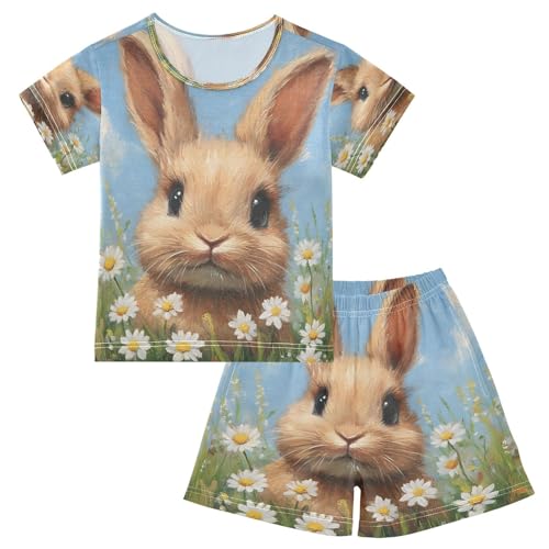 ALAZA Easter Rabbit Bunny Flower Watercolor Pajamas Set Short Sleeve Cotton Sleepwear Summer Pjs 2 Piece 5-14Y