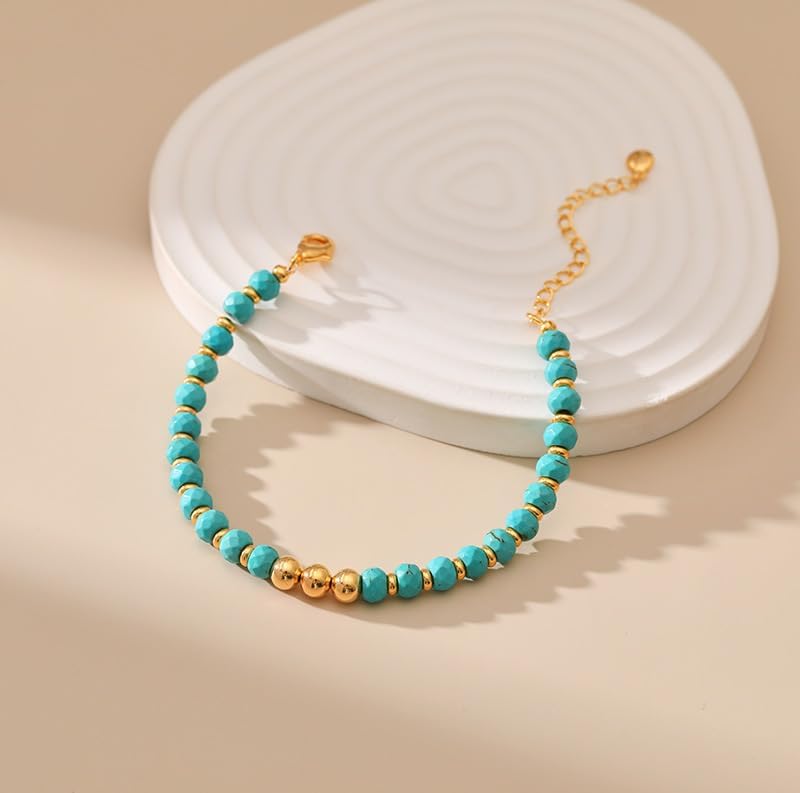 Gold Round Turquoise Beaded Bracelets18K Gold Plated Handmade Cute Bracelet for Women - Image 4