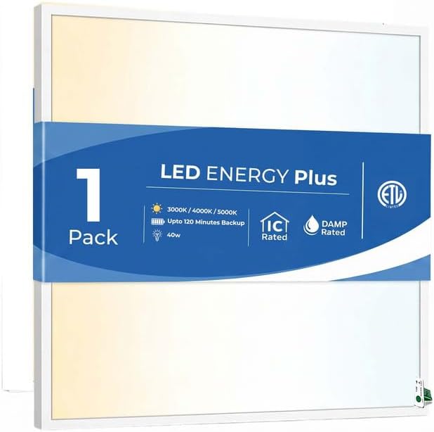 2x2 LED Flat Panel Light Emergency Battery Backup, 40W-3000K/4000K/5000K, 0-10V Dimmable, 4390 Lumens, LED Drop Ceiling Light, 100-277V, and UL Listed, Ultra Thin Back-Lit (1 Pack)