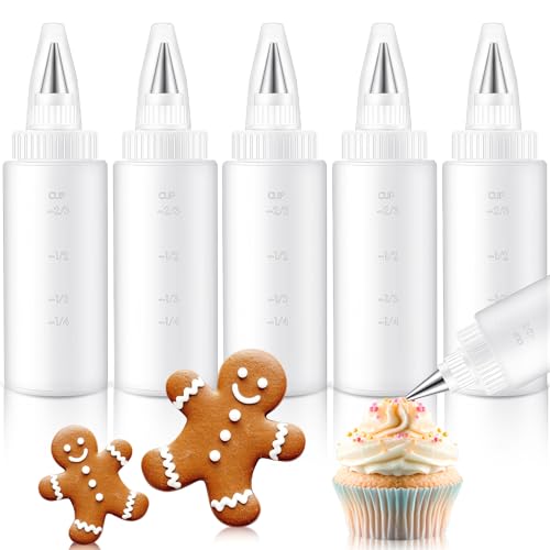 LemonRoad 5 Pcs Plastic Squeeze Bottles for Cookie Icing Bottle Decorating Supplies Squeezing Applicator Writer for Food Coloring Frosting Pancake Arts(4oz)