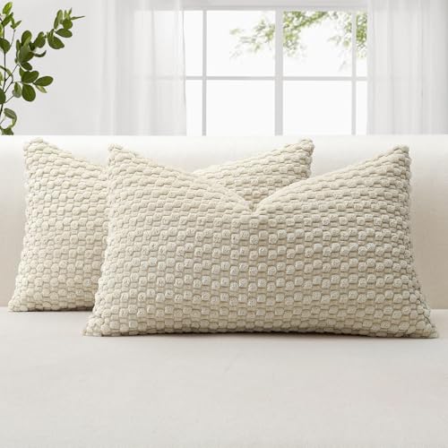 Image of JOTOM Corduroy Soft Decorative Cushion Covers 30x50 cm Set of 2 Decorative Throw Pillow Covers with 3D Bubble Texture Pillowcase for Couch Sofa Bedroom Soft Cushion Case for Home Decor (Beige)