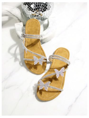 Image of OYOANGLE Women's Silver Rhinestone Sandals Sparkly Dressy Flat Sandals