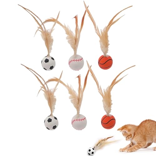 Image of Cat Ball, 6PCS Bouncy Ball with Feather for Indoor Cats, Interactive Kitten Toys for Kitten, Small Dog Toy Balls, Pet Toys with Basketball, Baseball, Badminton Designs