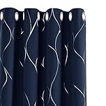 Deconovo Eyelet Curtains, Blackout Curtains, Home Decoration Thermal Insulated Wave Line Foil Printed Material Curtains for Bedroom Windows, 46 x 54 Inch(Width x Length), Navy Blue, one pair