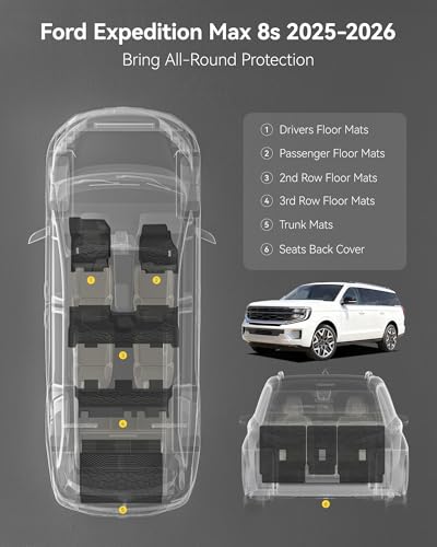 Image of 3W Floor Mats & Cargo Liner & Seat Back Mats for 2025 2026 Ford Expedition Max Bench Seating 8 Seats, All Weather for 2025 2026 Ford Expedition Max (Not fit 7 Seats) Full Set Floor Mats (Only MAX)
