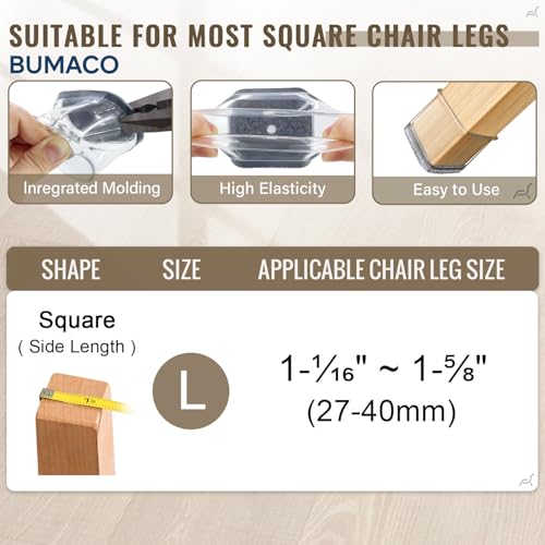 Image of BUMACO Chair Leg Floor Protectors Square Chair Leg Protectors for Hardwood Floors Silicone Pads Covers to Protect Floors(Clear-20 Pcs, Square L (1.02 inch-1.6 inch)