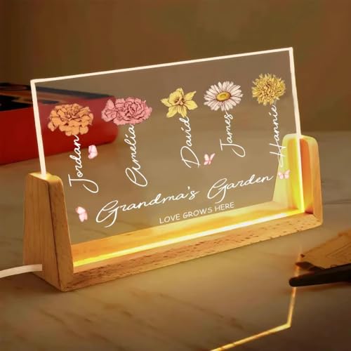 Lámpara acrílica personalizada con flores para el mes de nacimiento, luz de jardín de abuela, luz nocturna con nombre familiar, regalo del día de la madre, amor crece aquí (220 x 45 x 65 mm)
