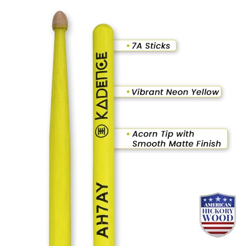 Image of Kadence AH7AY Touring Series Neon 7A Drumsticks | Premium American Hickory Wood | Acorn Tip with Smooth Matte Finish | Includes Protective Plastic Case | Yellow