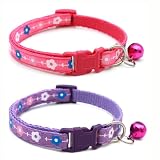 Collar de perro pequeño con campana, paquete de 2 collares florales para gatos con campanas, collar de perro hembra pequeño para perros pequeños XXS XS, rosa intenso y morado