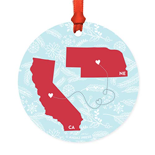 Andaz Press Round Keepsake Christmas Ornament Long Distance Gift, California and Nebraska, Winter Blue and Red, 1-Pack, Metal Moving Away Graduation University College Gifts for Him Her Relationships