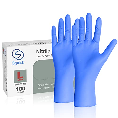squish Nitrile Gloves Disposable, Large, Powder-free Latex-free Food-safe Exam Gloves, Box of 100
